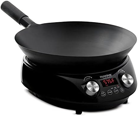 Nuwave Mosaic Induction Wok, Precise Temp Controls from 100Â°F to 575Â°F in 5Â°F, Wok Hei, Infuse Complex Charred Aroma & Flavor, 3 Wattages 900, 1500 & 1800, Authentic 14-inch Carbon Steel Wok Included