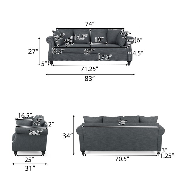Noble House Viewland Fabric Pillowback 3 Seater Sofa with Nailhead Trim, Charcoal and Dark Brown