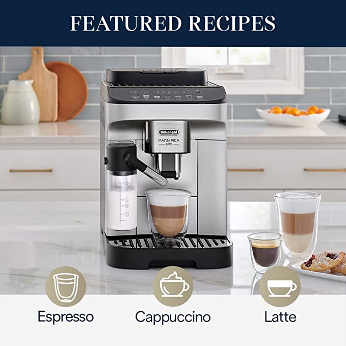 De’Longhi Magnifica Evo with LatteCrema System, Fully Automatic Machine Bean to Cup Espresso Cappuccino and Iced Coffee Maker, Colored Touch Display, Stainless Steel