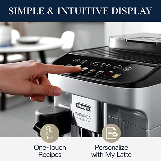 De’Longhi Magnifica Evo with LatteCrema System, Fully Automatic Machine Bean to Cup Espresso Cappuccino and Iced Coffee Maker, Colored Touch Display, Stainless Steel