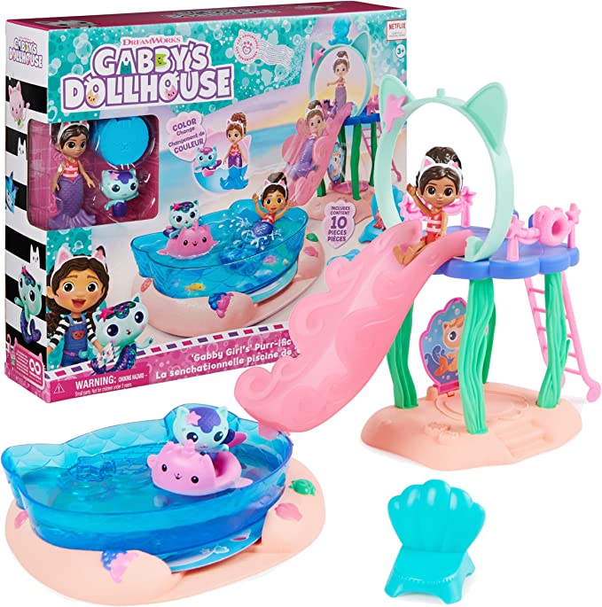 Gabbyâ€™s Dollhouse, Purr-ific Pool Playset with Gabby and MerCat Figures, Color-Changing Mermaid Tails and Pool Accessories Kids Toys for Ages 3 and Up