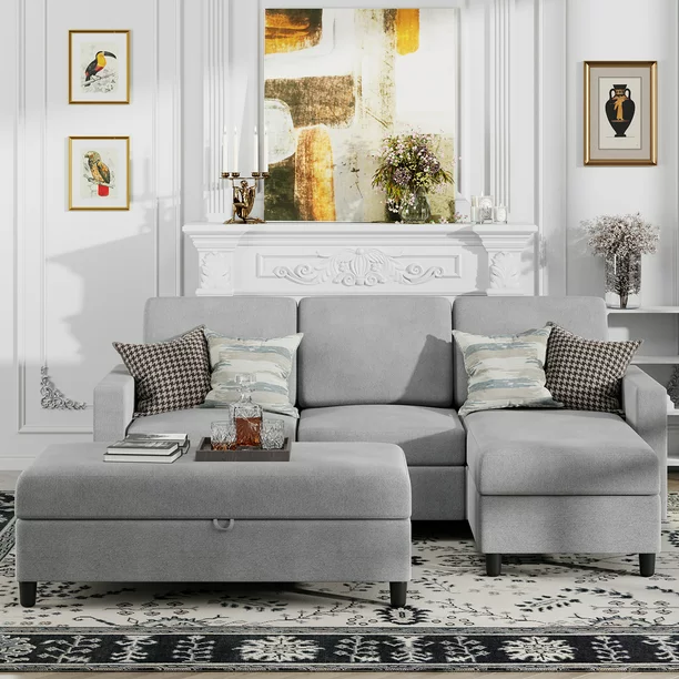 Walsunny Sectional Sofa Linen Gray Couch L Shaped 4 Seat with Storage Ottoman