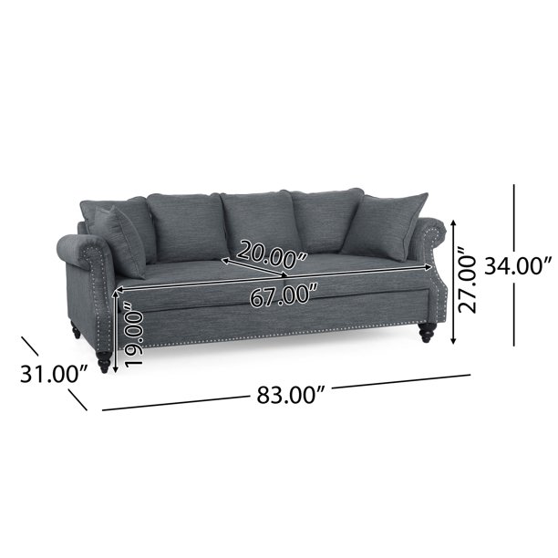 Noble House Viewland Fabric Pillowback 3 Seater Sofa with Nailhead Trim, Charcoal and Dark Brown