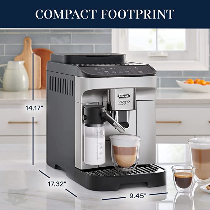 De’Longhi Magnifica Evo with LatteCrema System, Fully Automatic Machine Bean to Cup Espresso Cappuccino and Iced Coffee Maker, Colored Touch Display, Stainless Steel