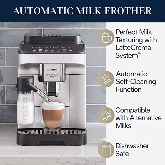 De’Longhi Magnifica Evo with LatteCrema System, Fully Automatic Machine Bean to Cup Espresso Cappuccino and Iced Coffee Maker, Colored Touch Display, Stainless Steel