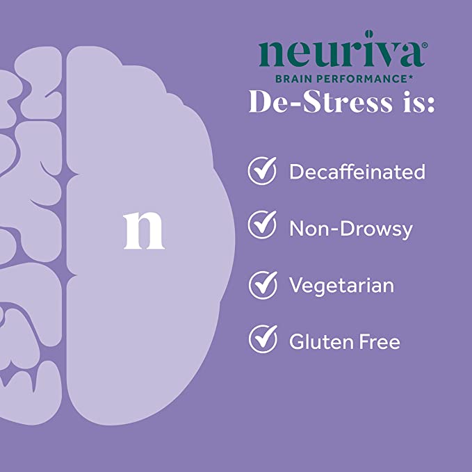NEURIVA Destress Brain Supplement for Focus, Concentration & Accuracy with L-Theanine for Relaxation & Everyday Stress Reduction and Melon Concentrate to Help Fight Oxidative Stress, 30ct Capsules