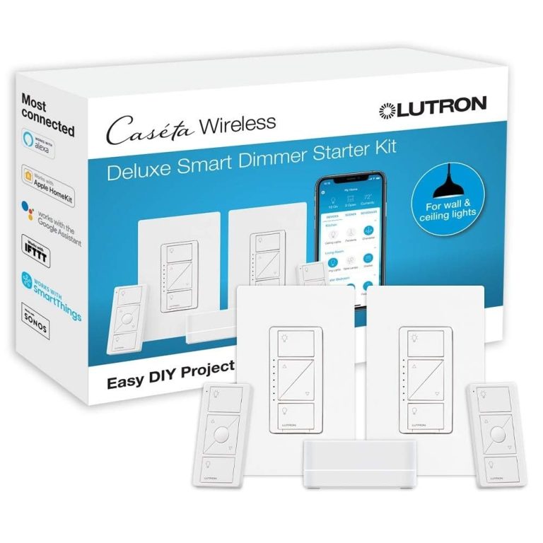 Lutron CasÃ©ta Deluxe Smart Dimmer Switch (2 Count) Kit with CasÃ©ta Smart Hub | Works with Alexa, Apple HomeKit, Ring, Google Assistant | P-BDG-PKG2W-A | White