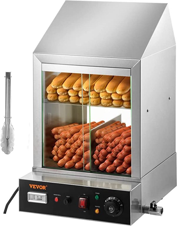 VEVOR Hot Dog Machine, 36 L, 2-Tier Hot Dog Steamer for 200 Hotdogs & 42 Buns, 1200W Electric Bun Warmer Cooker with Rotary Knob Temp Display 7.5 L Water Tank, Stainless Frame and Tempered Glass Doors