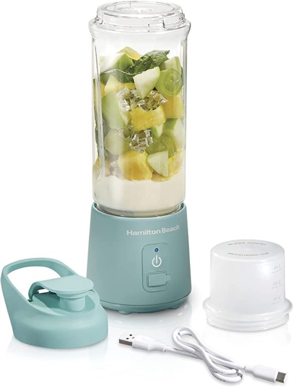 Hamilton Beach Mini Cordless Portable Personal Blender for Shakes and Smoothies, USB Rechargeable, 16 oz. Jar with Leakproof Travel Lid, 6 Stainless Steel Blades, Black (51180)