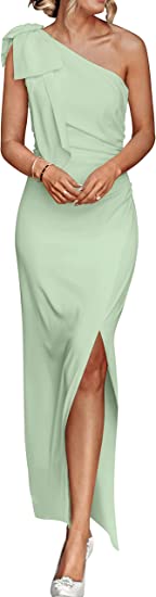 PRETTYGARDEN Women’s Summer One Shoulder Long Formal Dresses Sleeveless Ruched Bodycon Wedding Guest Slit Maxi Dress