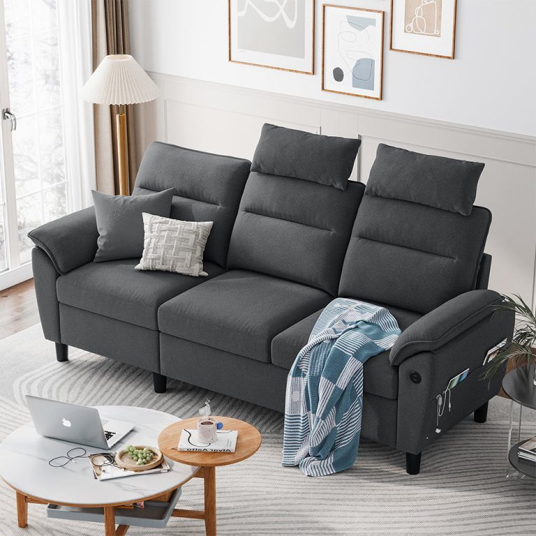 LINSY HOME 3 Seater Couches and Sofas for Living Room, Sofa Set with 2 USB Charging Ports and Side Pockets