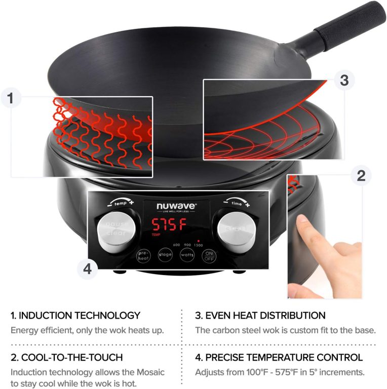Nuwave Mosaic Induction Wok, Precise Temp Controls from 100°F to 575°F in 5°F, Wok Hei, Infuse Complex Charred Aroma & Flavor, 3 Wattages 900, 1500 & 1800, Authentic 14-inch Carbon Steel Wok Included