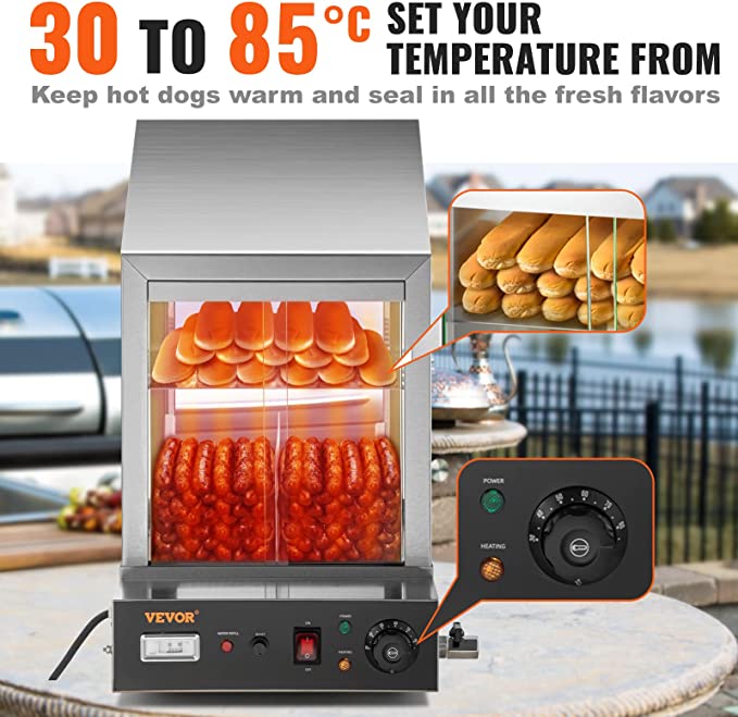 VEVOR Hot Dog Machine, 36 L, 2-Tier Hot Dog Steamer for 200 Hotdogs & 42 Buns, 1200W Electric Bun Warmer Cooker with Rotary Knob Temp Display 7.5 L Water Tank, Stainless Frame and Tempered Glass Doors