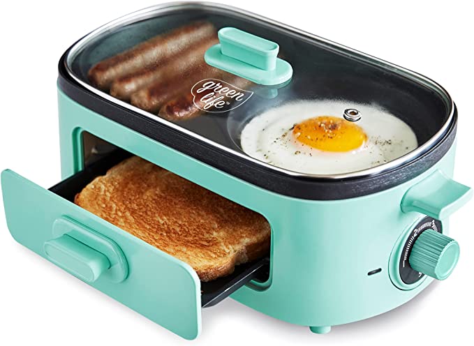 GreenLife 3-in-1 Breakfast Maker Station, Healthy Ceramic Nonstick Dual Griddles for Eggs Meat and Pancakes, 2 Slice Toast Drawer, Easy-to-use Timer, Pink