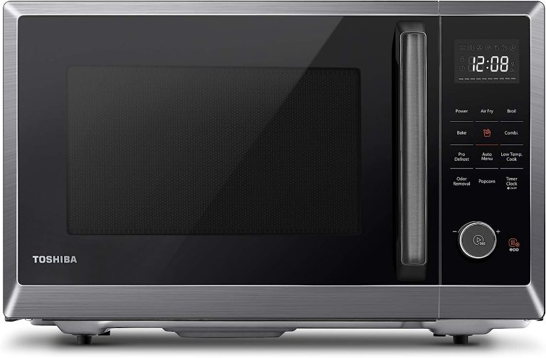 TOSHIBA EM131A5C-BS Countertop Microwave Ovens 1.2 Cu Ft, 12.4″ Removable Turntable Smart Humidity Sensor 12 Auto Menus Mute Function ECO Mode Easy Clean Interior Black Color 1100W