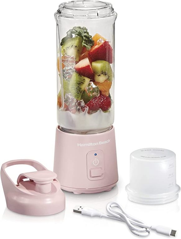 Hamilton Beach Mini Cordless Portable Personal Blender for Shakes and Smoothies, USB Rechargeable, 16 oz. Jar with Leakproof Travel Lid, 6 Stainless Steel Blades, Black (51180)
