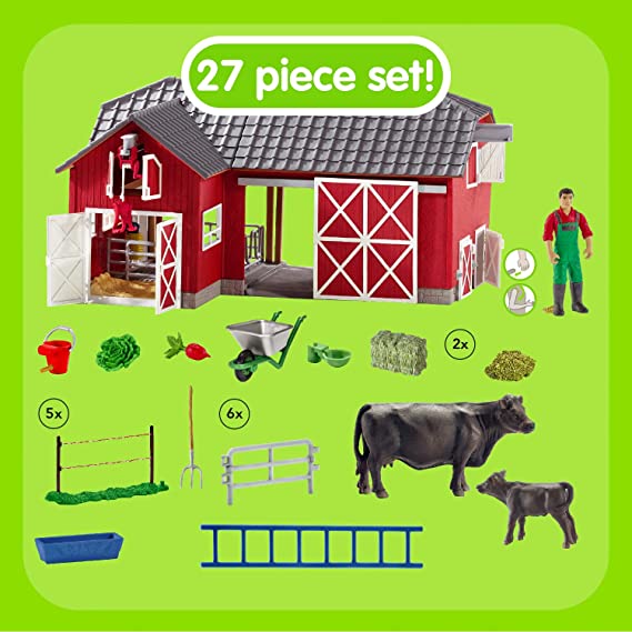 Schleich Farm Animal Toys and Playsets – Farm World Red Barn Set with Black Angus Cow Figurines, Farmer Action Figure and Farming Accessories for Kids Ages 3 and Above