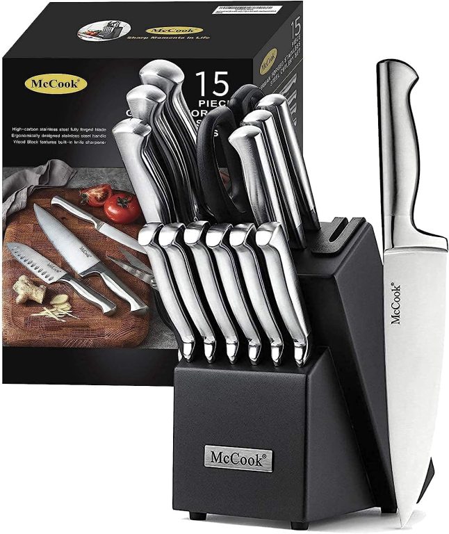 MC21 15 Pieces German Stainless Steel Knife Sets with Built-in Sharpener + MCW11 Bamboo Cutting Boards Set of 4 (Large, 17â€11.4â€0.8â€)