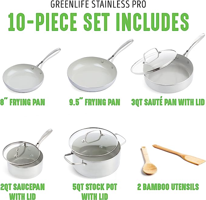GreenLife Tri-Ply Stainless Steel Healthy Ceramic Nonstick, 10 Piece Cookware Pots and Pans Set, PFAS-Free, Multi Clad, Induction, Dishwasher Safe, Oven Safe, Silver