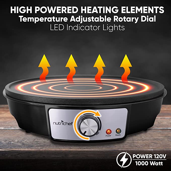 Electric Griddle Crepe Maker Cooktop – Nonstick 12 Inch Aluminum Hot Plate with LED Indicator Lights & Adjustable Temperature Control – Wooden Spatula & Batter Spreader Included – NutriChef PCRM12