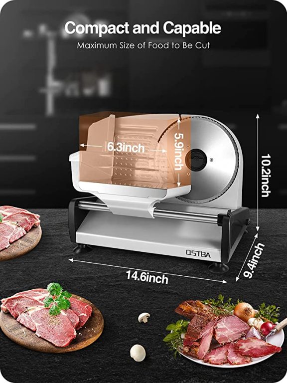 OSTBA Meat Slicer 200W Deli Food Slicer with 3 Removable Stainless Steel Blades for Home Use, 0-15mm Adjustable Thickness Slicer Machine for Meat, Cheese, Bread