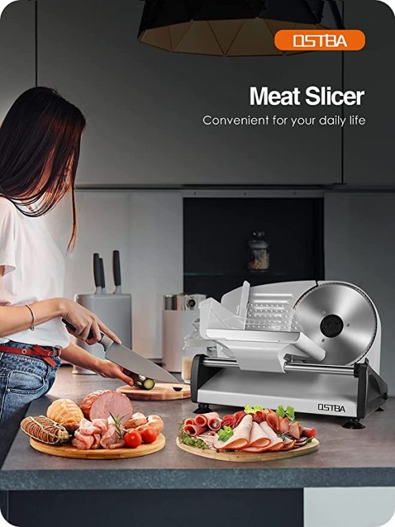 OSTBA Meat Slicer 200W Deli Food Slicer with 3 Removable Stainless Steel Blades for Home Use, 0-15mm Adjustable Thickness Slicer Machine for Meat, Cheese, Bread
