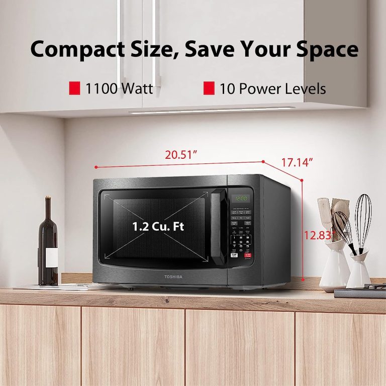 TOSHIBA EM131A5C-BS Countertop Microwave Ovens 1.2 Cu Ft, 12.4″ Removable Turntable Smart Humidity Sensor 12 Auto Menus Mute Function ECO Mode Easy Clean Interior Black Color 1100W
