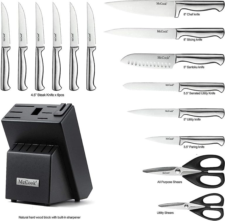 MC21 15 Pieces German Stainless Steel Knife Sets with Built-in Sharpener + MCW11 Bamboo Cutting Boards Set of 4 (Large, 17â€11.4â€0.8â€)
