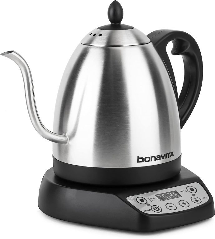 Bonavita 1L Digital Variable Temperature Gooseneck Electric Kettle for Coffee Brew and Tea Precise Pour Control, 6 Preset Temps, Café or Home Use, 1000 Watt, Stainless Steel