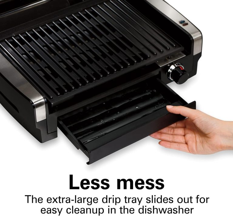 Hamilton Beach Electric Indoor Searing Grill with Adjustable Temperature Control to 450F, 118 sq. in. Surface Serves 6, Removable Nonstick Grate, Viewing Window, Stainless Steel
