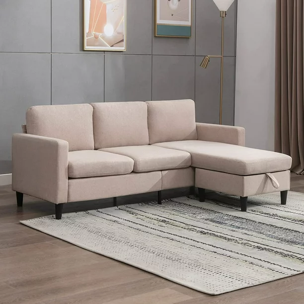 Mixoy 86″ Sectional Sofa with Storage Ottoman, Free Combination L Shaped Sofa with Movable Ottoman, Modern Linen Fabric Sectional Couch
