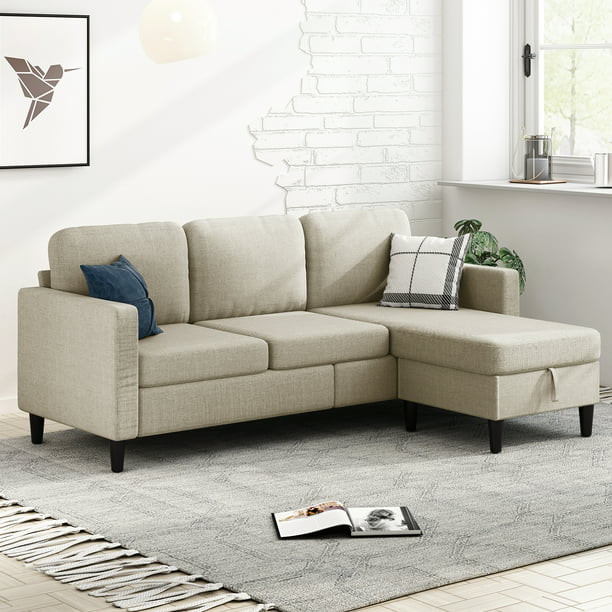 MUZZ Sectional Sofa with Movable Ottoman, Free Combination Sectional Couch, Small L Shaped Sectional Sofa with Storage Ottoman, Modern Linen Fabric Sofa Set for Living Room (Beige)