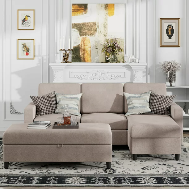 Walsunny Sectional Sofa Linen Gray Couch L Shaped 4 Seat with Storage Ottoman
