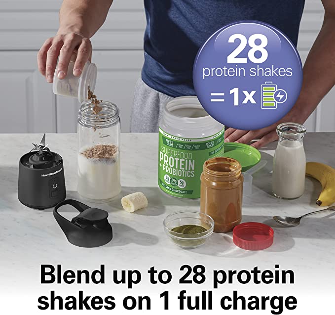 Hamilton Beach Mini Cordless Portable Personal Blender for Shakes and Smoothies, USB Rechargeable, 16 oz. Jar with Leakproof Travel Lid, 6 Stainless Steel Blades, Black (51180)
