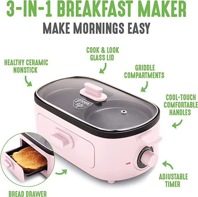GreenLife 3-in-1 Breakfast Maker Station, Healthy Ceramic Nonstick Dual Griddles for Eggs Meat and Pancakes, 2 Slice Toast Drawer, Easy-to-use Timer, Pink
