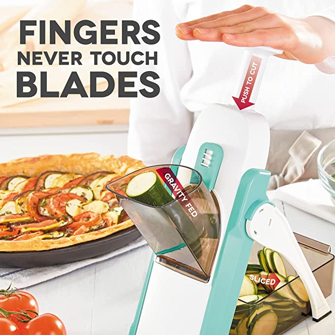 DASH Safe Slice® Mandoline Slicer, Julienne + Dicer for Vegetables, Meal Prep & More with 30+ Presets & Thickness Adjuster – Aqua