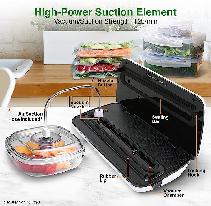 NutriChef PKVS Sealer | Automatic Vacuum Air Sealing System Preservation w/Starter Kit | Compact Design | Lab Tested | Dry & Moist Food Modes | Led Indicator Lights, 12″, Silver