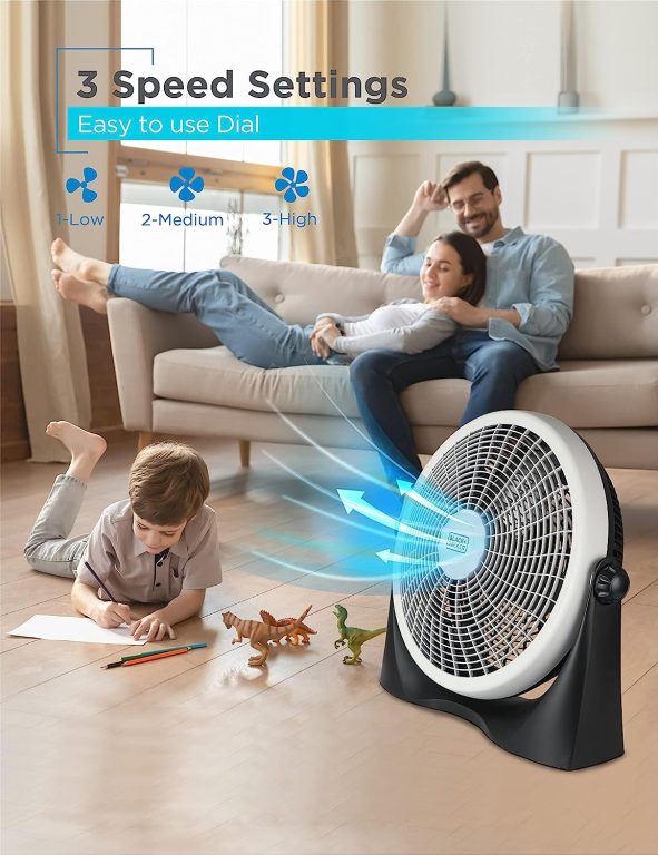 BLACK+DECKER Floor Fan for Home, Garage, Bedroom, or Office, Cooling Fan for Floor with 3 Fan Settings, Quiet Floor Fan with Adjustable Tilt Angle and Sturdy Base