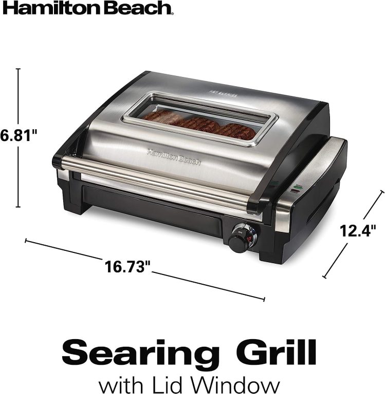 Hamilton Beach Electric Indoor Searing Grill with Adjustable Temperature Control to 450F, 118 sq. in. Surface Serves 6, Removable Nonstick Grate, Viewing Window, Stainless Steel