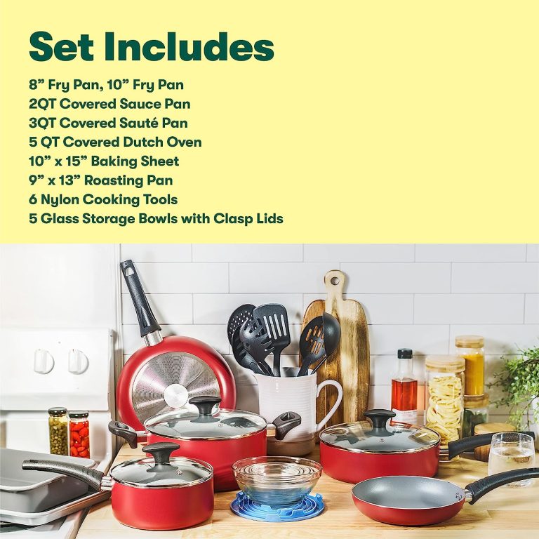 BELLA 21 Piece Cook Bake and Store Set, Kitchen Essentials for First or New Apartment, Assorted Non Stick Cookware, 9 Nylon Hassle-Free Cooking Tools, 5 Glass Storage Bowls w Lids, BPA & PFOA Free