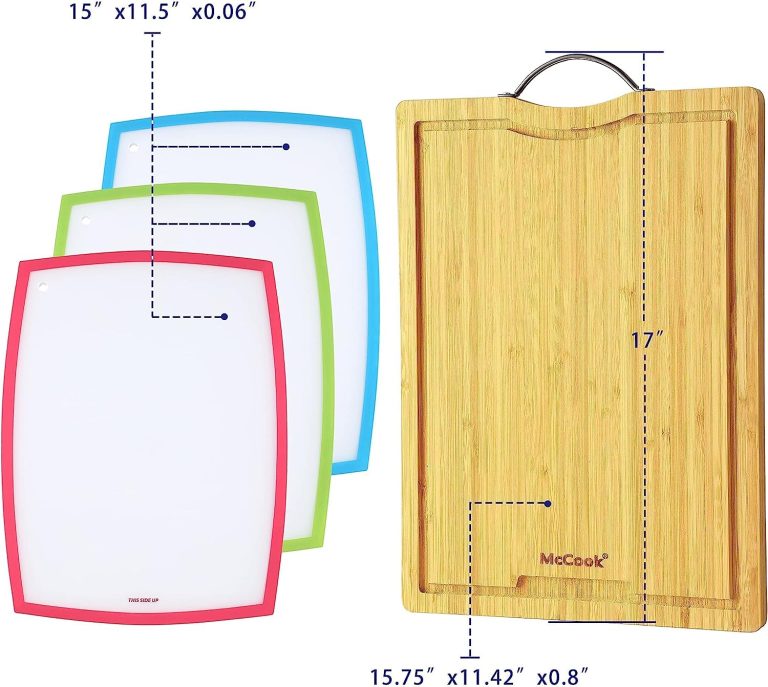 MC21 15 Pieces German Stainless Steel Knife Sets with Built-in Sharpener + MCW11 Bamboo Cutting Boards Set of 4 (Large, 17â€11.4â€0.8â€)