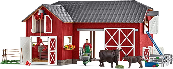 Schleich Farm Animal Toys and Playsets – Farm World Red Barn Set with Black Angus Cow Figurines, Farmer Action Figure and Farming Accessories for Kids Ages 3 and Above