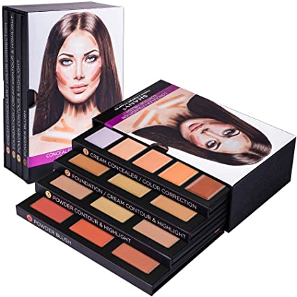 SHANY 4-Layer Contour and Highlight Makeup Kit – Set of Concealer/Color Corrector, Foundation, Contour/Highlight, and Blush Palettes