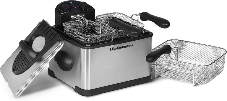 Elite Gourmet EDF-401T Electric Immersion Deep Fryer 3-Baskets, 1700-Watt, Timer Control, Adjustable Temperature, Lid with Viewing Window and Odor Free Filter, Stainless Steel and Black