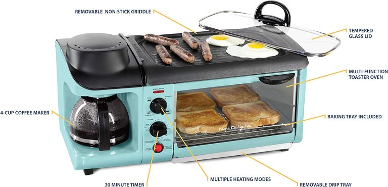 Nostalgia Retro 3-in-1 Family Size Electric Breakfast Station, Non Stick Die Cast Grill/Griddle, 4 Slice Toaster Oven, Coffee Maker, Aqua