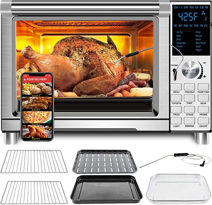 NUWAVE Bravo Air Fryer Toaster Smart Oven, 12-in-1 Countertop Convection, 30-QT XL Capacity, 50Â°-500Â°F Temperature Controls, Top and Bottom Heater Adjustments 0%-100%, Brushed Stainless Steel Look