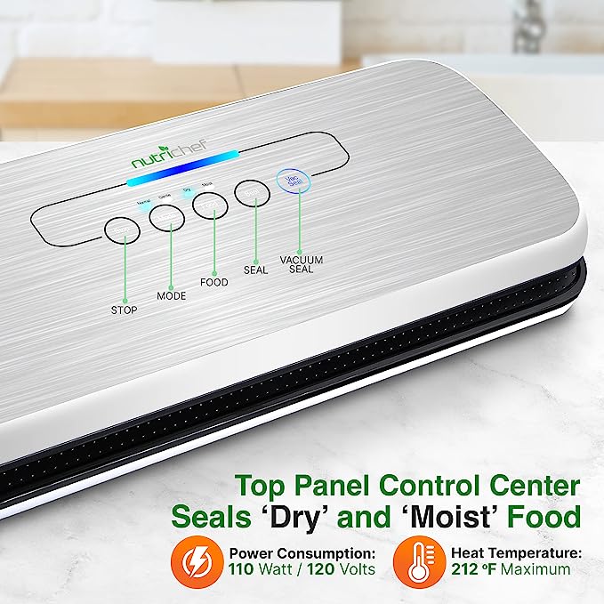 NutriChef PKVS Sealer | Automatic Vacuum Air Sealing System Preservation w/Starter Kit | Compact Design | Lab Tested | Dry & Moist Food Modes | Led Indicator Lights, 12″, Silver