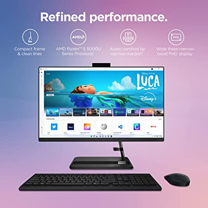 Lenovo IdeaCentre AIO 3-2022- All-in-One Desktop – 23.8″ FHD Touch Display – HD 720p Camera – Windows 11 Home – 8GB Memory – 512GB Storage – AMD Ryzen 5 5625U – Black – Mouse & Keyboard Included