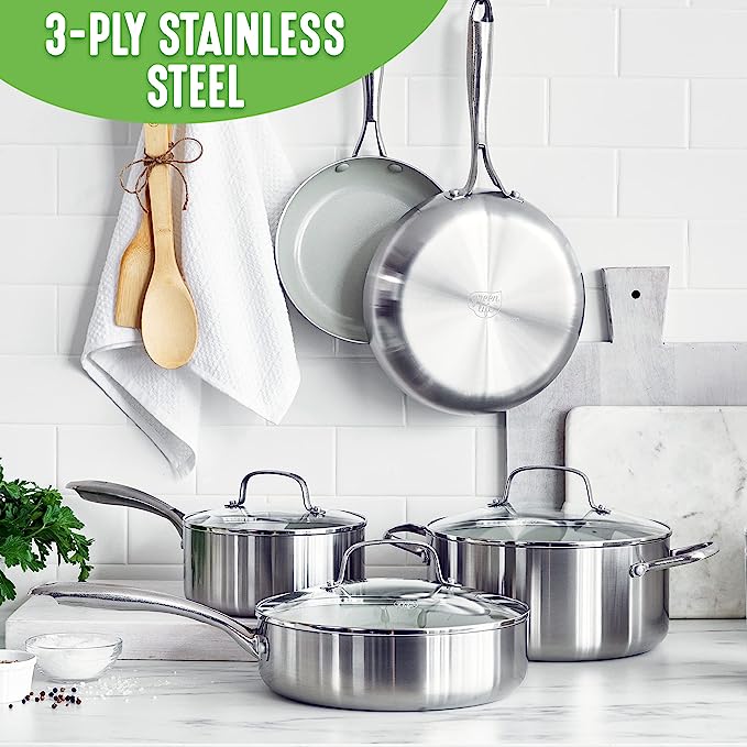 GreenLife Tri-Ply Stainless Steel Healthy Ceramic Nonstick, 10 Piece Cookware Pots and Pans Set, PFAS-Free, Multi Clad, Induction, Dishwasher Safe, Oven Safe, Silver