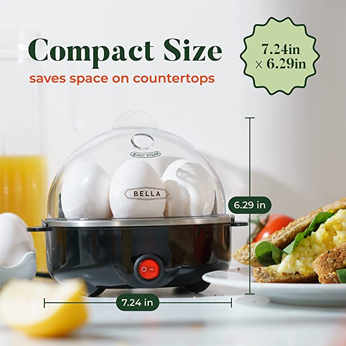 BELLA Rapid Electric Egg Cooker and Poacher with Auto Shut Off for Omelet, Soft, Medium and Hard Boiled Eggs – 7 Egg Capacity Tray, Single Stack, Black